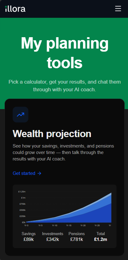 The Illora app tools screen on a mobile phone